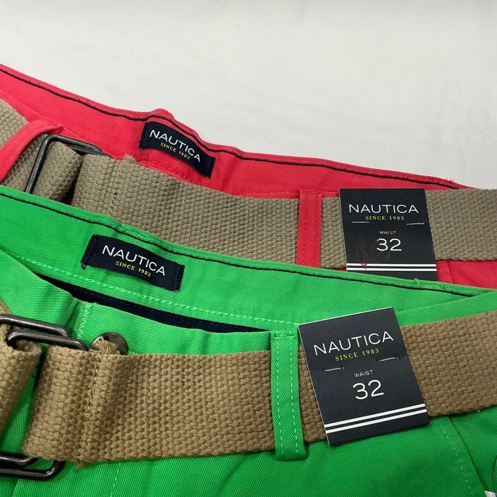Nautica Mens 32 Chino Shorts 2 Pack Red Green Belted Flat Front BC6102 NEW